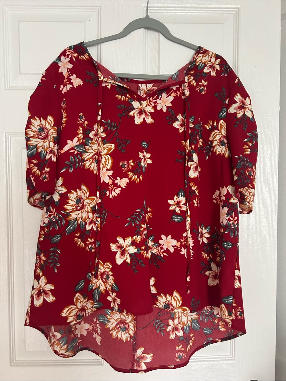 SHEIN Red Floral Tie-Front Tunic Blouse